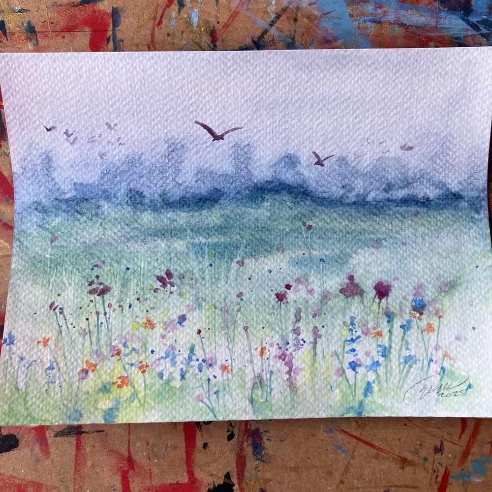 Floral landscape Original painting watercolor NEW art decor Artettina USA - Picture 4 of 7